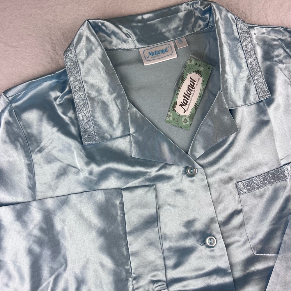National Light Blue Satin Pajama Set 2 piece Women’s XL sleepwear NWT cozy soft